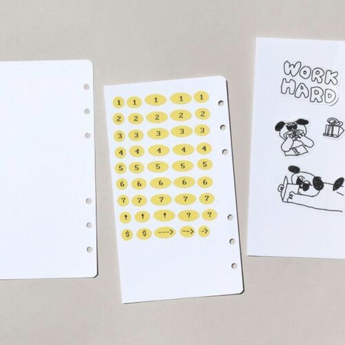 Three white sticker sheets are displayed, with one featuring yellow oval stickers numbered 1-7, and another with playful black-and-white illustrations and text.