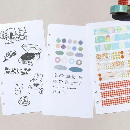 Three sheets of sticker pages display colorful designs, patterns, and illustrations, highlighting their double-sided surfaces and diverse decorative options.