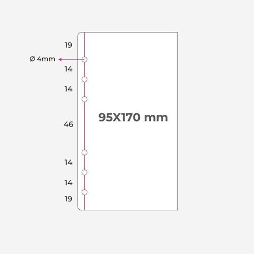 The image displays a technical diagram of the sticker book refill, highlighting measurements and hole placements for binding compatibility.