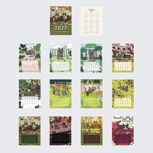 The final image showcases a collection of colorful, whimsical calendar sheets featuring adorable cat illustrations in various seasonal settings.