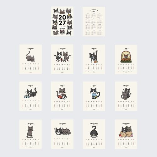 The image displays all 14 sheets of the 2027 Lana & Tuxedo Cat Wall Calendar, featuring adorable feline illustrations in various poses and scenes.