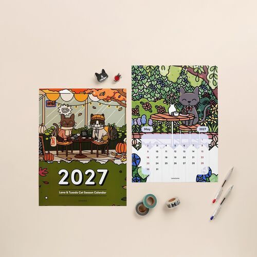 Colorful, playful illustrations of Lana and tuxedo cats enjoying outdoor scenes, with vibrant autumn and garden themes on glossy paper.
