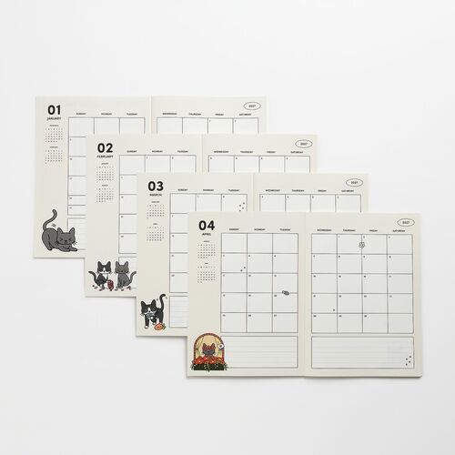 Four open monthly calendar pages display adorable Lana & Tuxedo Cat illustrations, with clean layout and soft, inviting design elements.