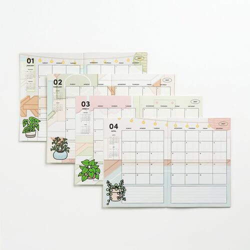 Colorful, plant-themed monthly planner pages with vibrant illustrations and clean, organized layouts for each month of 2027.