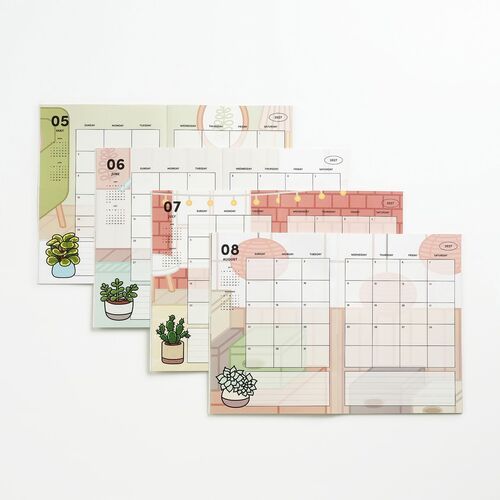Vibrant, plant-themed monthly planner pages with colorful illustrations and clear grid layouts, showcasing detailed calendar and note sections.