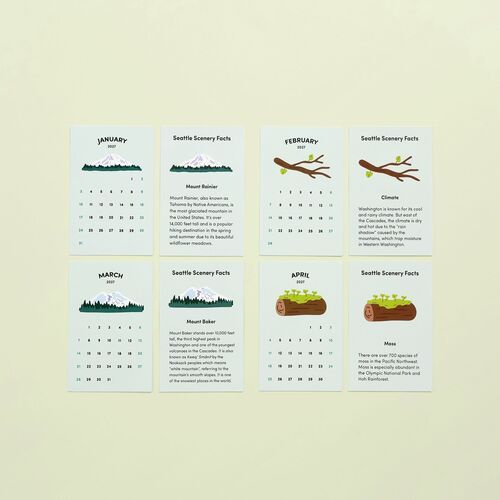 A neatly arranged set of eight scenic and educational calendar sheets for January to April 2027, featuring illustrations and facts about Seattle's landscapes.