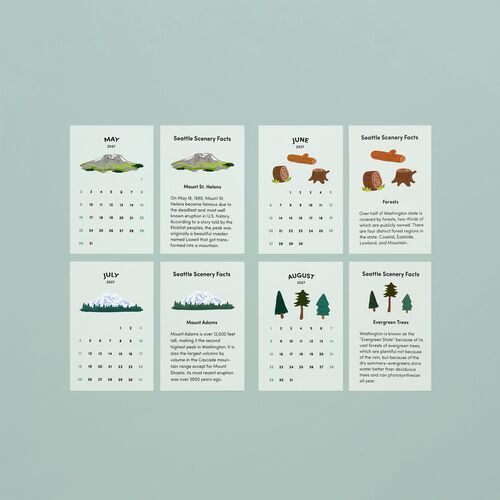 A set of 13 double-sided calendar sheets featuring colorful, illustrated scenes of Seattle's landscapes and educational facts, arranged neatly on a soft, pastel background.