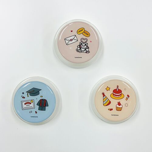 Three round, pastel-colored decorative trays featuring playful, celebratory illustrations with clean, bright lighting and minimalistic white background.