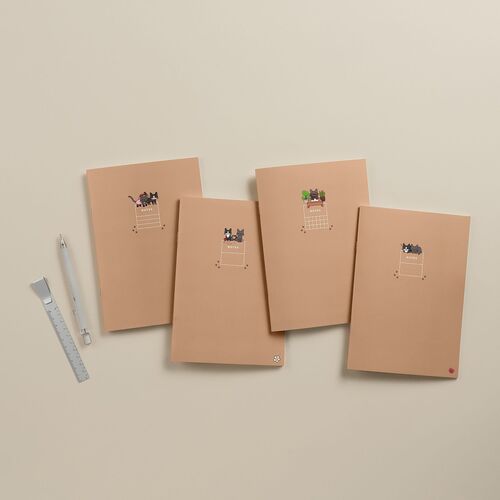 Four adorable Lana & Tuxedo Cat notebooks with cute illustrations and varied cover designs, arranged on a soft, neutral background.