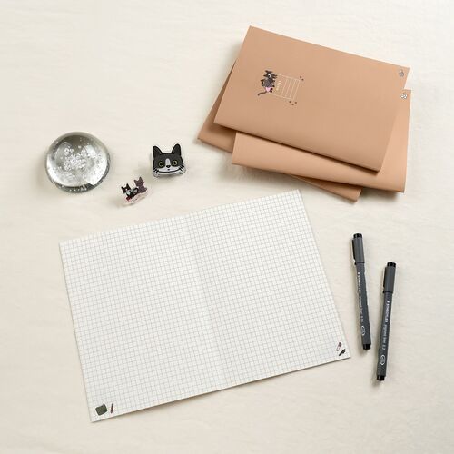 A neatly arranged flat lay showcases three pastel pink Lana & Tuxedo Cat notebooks with adorable illustrations, alongside cute cat-themed accessories and grid paper.
