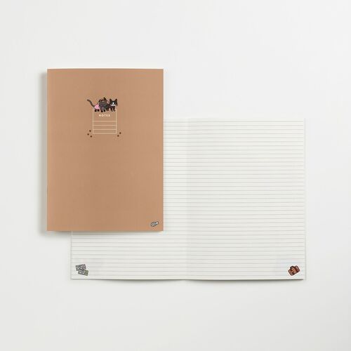 The image features a light brown notebook with adorable cat illustrations on the cover, paired with an open lined page showing cute sticker accents.
