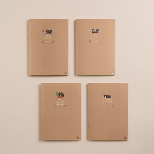 Four adorable Lana & Tuxedo Cat notebooks with pastel covers, each featuring cute cat illustrations and tiny decorative details.