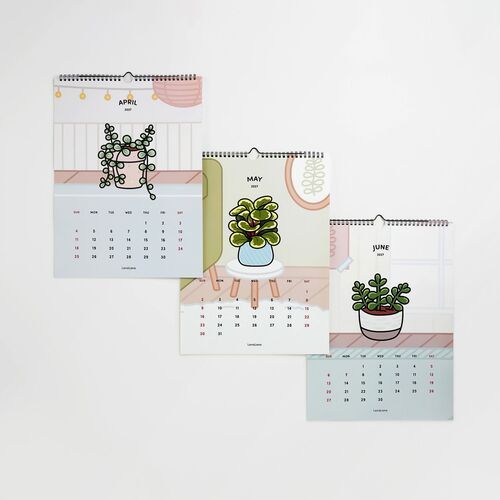 Three colorful, illustrated houseplant-themed calendar pages for April, May, and June are displayed, showcasing vibrant plant designs and clear date layouts.