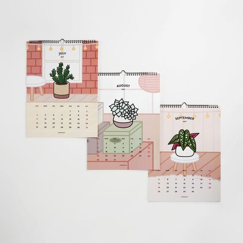 Three colorful houseplant-themed calendar pages are displayed, each featuring vibrant illustrations and clear monthly layouts against a white background.