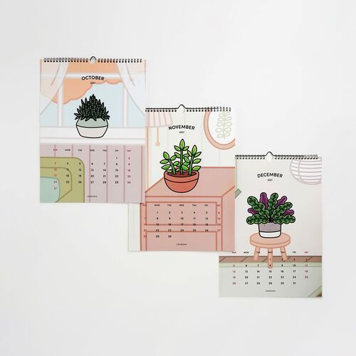 Three months of the 2027 houseplant wall calendar are displayed, each featuring colorful, illustrated potted plants with soft pastel backgrounds.