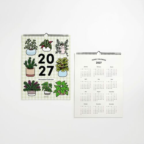 The calendar features vibrant, playful houseplant illustrations on a light green gingham background, highlighting its decorative and functional appeal.