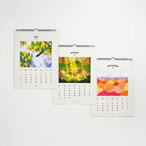 Three colorful, illustrated calendar pages for July, August, and September of 2027 are displayed, showcasing vibrant seasonal artwork and clear month labels.