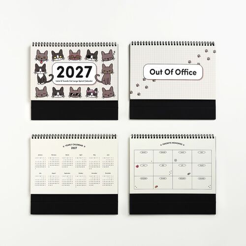 The image features four small, spiral-bound calendars with playful Lana and Tuxedo cat illustrations, set against a clean white background.