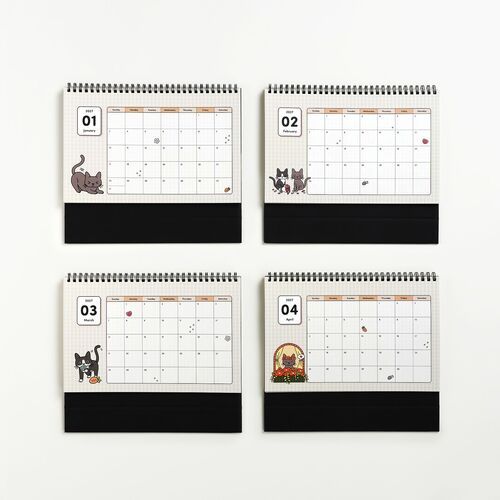 The image displays four 2027 Lana & Tuxedo Cat Spiral Calendars, each featuring charming feline illustrations and functional layouts for organization.