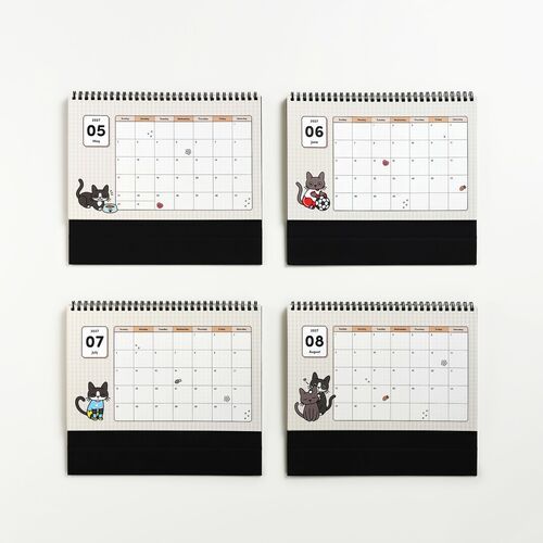 Four mini desk calendars featuring adorable Lana and Tuxedo cats in playful poses, each with distinct themed artwork and practical layouts.