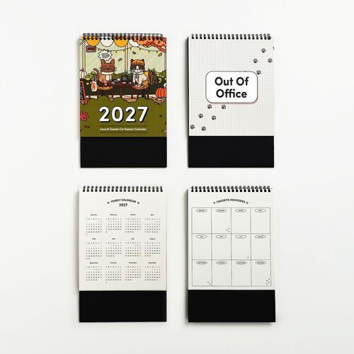 The image showcases four distinct Lana & Tuxedo Cat calendars with vibrant covers and detailed interior pages, emphasizing their playful and functional designs.