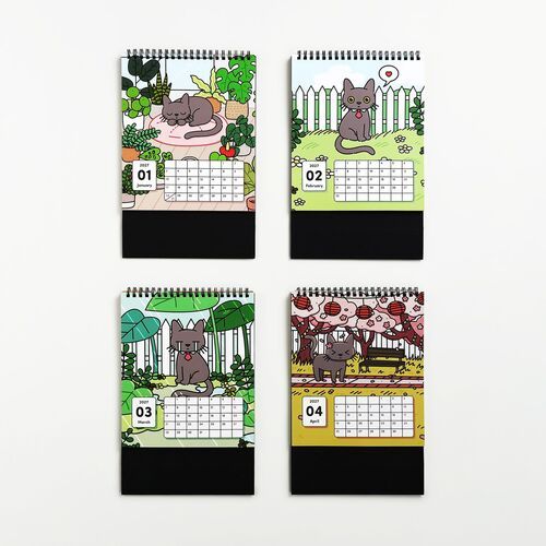 Colorful, illustrated calendar pages featuring Lana and Tuxedo cats in various playful outdoor scenes, with vibrant hues and detailed backgrounds.