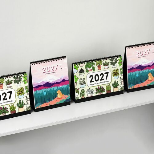 The image showcases four 2027 Houseplant Large Spiral Calendars with vibrant, botanical cover designs, arranged in a neat row on a white shelf.