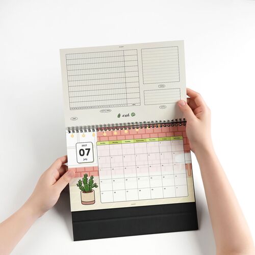 The calendar features a colorful, playful design with a cactus illustration, spiral binding, and clear month and date labels, set against a clean white background.