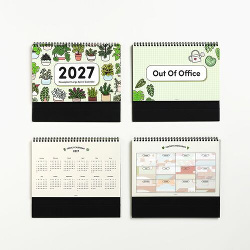 The image displays four spiral-bound desk calendars with vibrant houseplant-themed covers and detailed interior pages, set against a clean white background.