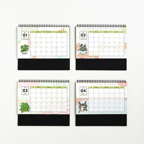 Four open monthly pages from the calendar showcase colorful, playful houseplant illustrations with clear date layouts and vibrant accents.
