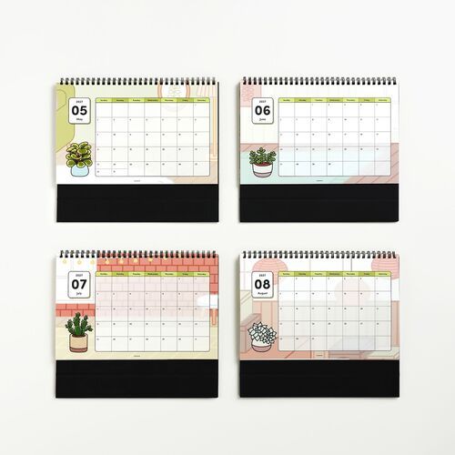 Four colorful, illustrated monthly calendar pages featuring vibrant houseplant designs and clean layouts, arranged in a grid on a white background.