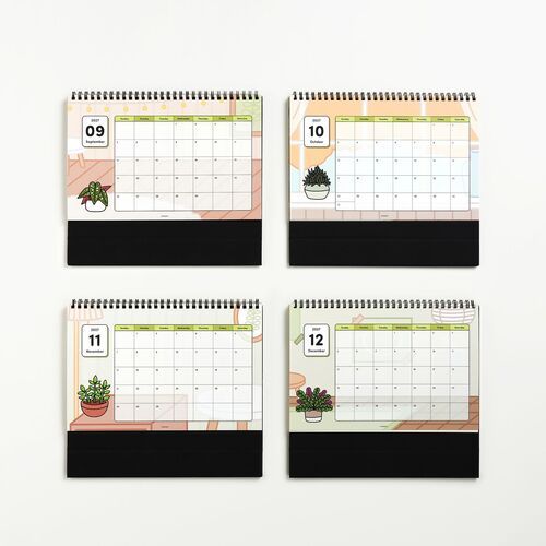 Four colorful, botanical-themed calendar pages for September to December 2027 are displayed with playful plant illustrations and a sleek black base.