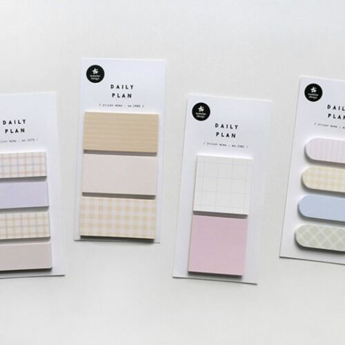 The image showcases four sets of decorative sticky notes on white backing cards, featuring soft pastel tones and subtle patterns, arranged in a neat row.