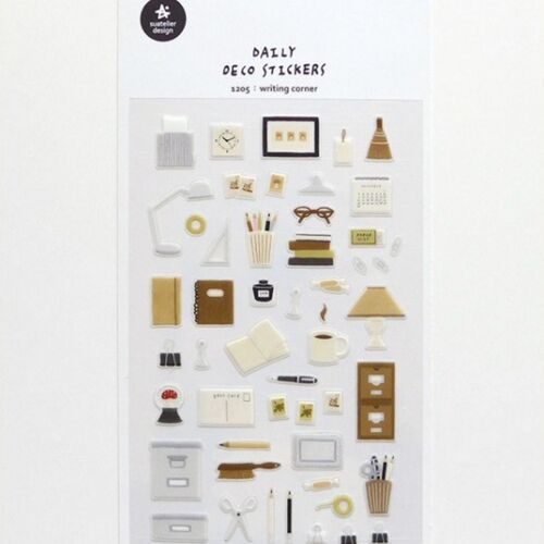A playful sheet of small, cute stationery-themed stickers in soft beige, white, and brown tones, arranged neatly on a white background.