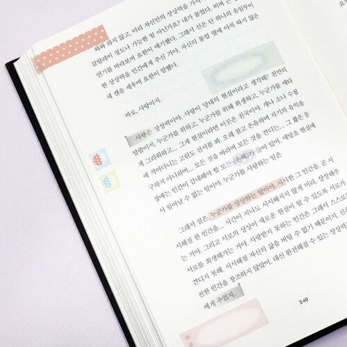 The image showcases a close-up of a book page with two decorative sticky notes, featuring pastel polka dot patterns in pink and blue, placed at the top and bottom.