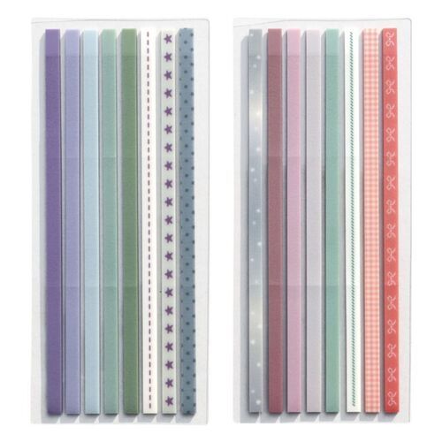 Two sets of decorative long sticky notes with colorful patterns and perforated lines are displayed against a clear background, showcasing their design variety.
