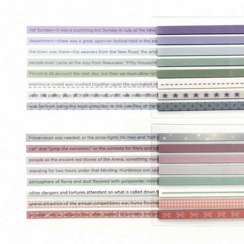 Colorful, patterned sticky note strips with perforated lines and various designs, arranged neatly on a white background for visual clarity.