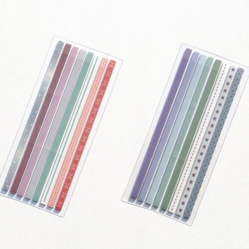 Two sets of decorative long index sticky notes with colorful patterns, perforated edges, and transparent backing, displayed against a white background.
