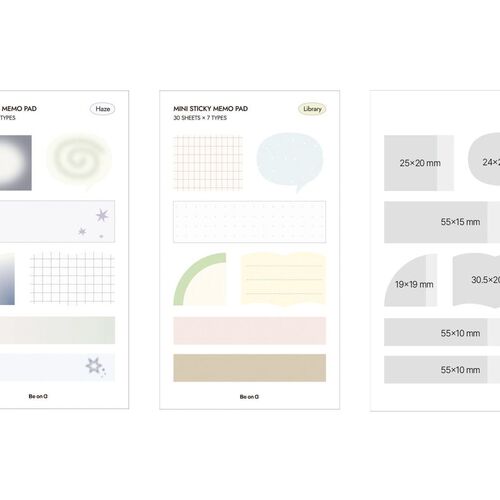 The image displays two sets of mini sticky notes with delicate pastel designs, each featuring different shapes and textures, arranged neatly on a white background.