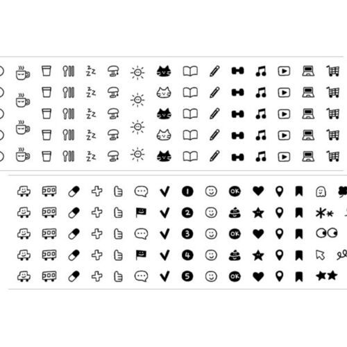 The photo showcases the tape's playful doodle patterns in black and white, with the case and tweezers neatly arranged on a plain background.