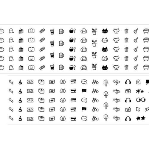 The image displays two sheets of doodle illustrations, one in black and white and the other in outline form, arranged in rows and columns.