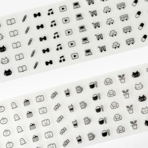 Two strips of black-and-white doodle tape with playful icons, arranged in neat rows on a white background, ready for creative use.