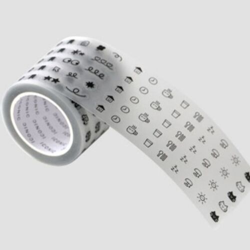 A close-up of the kiss cut tape revealing playful black doodle icons on a white matte background, with the tape partially unrolled.