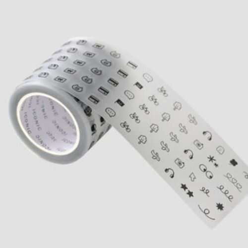 The tape features a playful array of black doodle icons on a white matte background, partially unrolled to showcase its length and design.