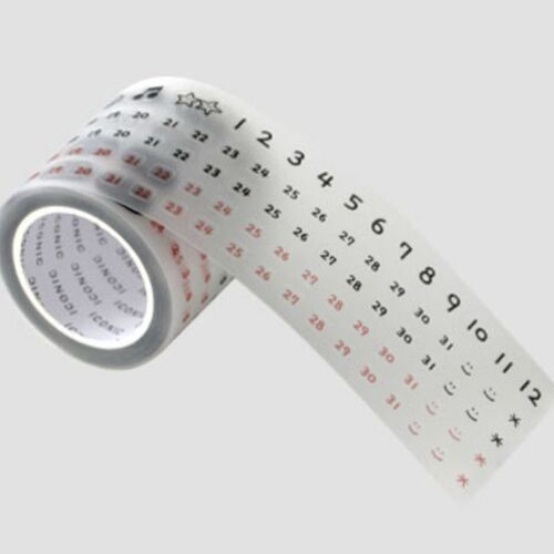 A playful roll of doodle date kiss cut tape features white matte stickers with colorful icons, resting on a light gray background.