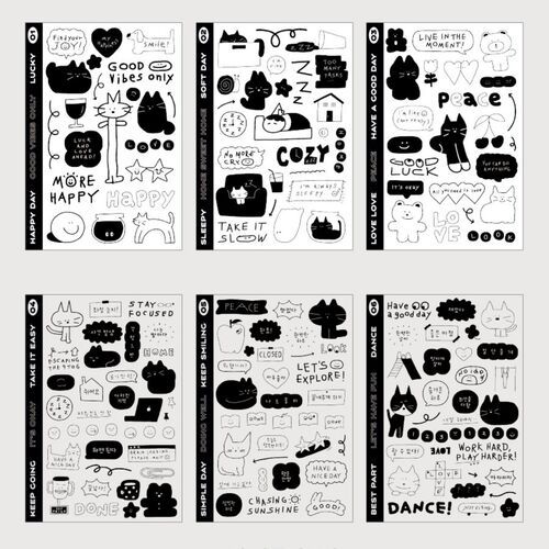 A close-up of six black-and-white doodle stickers featuring playful cats, cheerful icons, and inspiring phrases, arranged neatly on sheets.