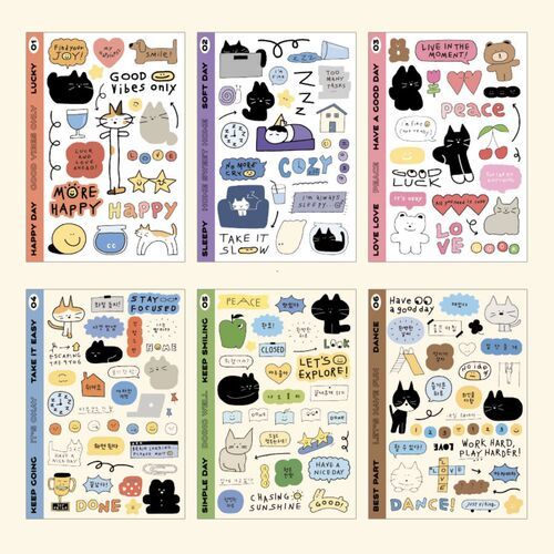 Six colorful sticker sheets feature adorable doodle cats, bears, and icons with playful, hand-drawn details on a clean white background.