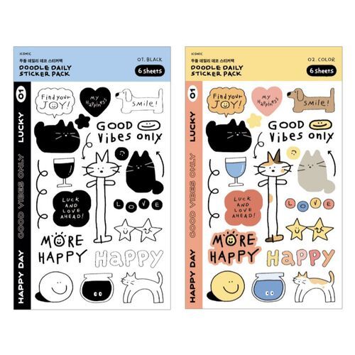 Two sheets of doodle stickers feature playful cat and animal illustrations in black and pastel colors, with a cheerful, cute aesthetic.