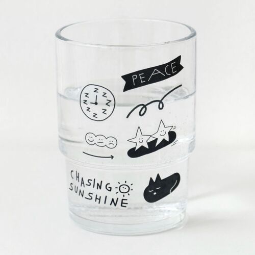 Clear glass with black and white doodle illustrations, featuring a peace banner, smiling stars, and playful icons, creating a charming, minimalist look.