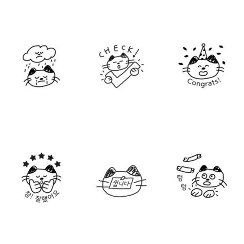 The image showcases a collection of cute, black-and-white cat illustrations with expressive poses and Korean text, arranged in two rows.